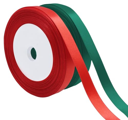 2 Rollos Cinta Navidad Roja y Verde, Cinta de Regalo, Cintas Decorativa para Embalaje de Regalo, Fiesta, Boda, Decoración, 10mmx22m
