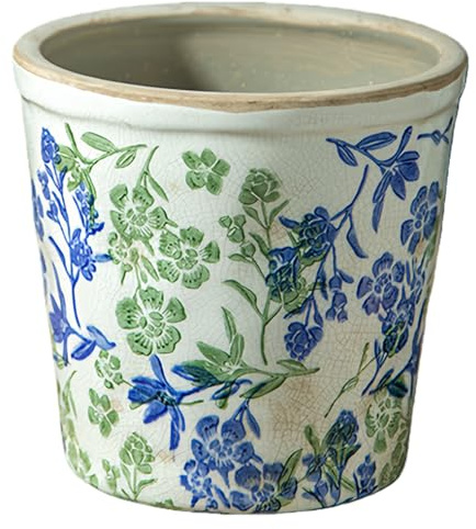 SYDDOL Retro Rustic Ceramic Plant Pot with Drainage Hole, Vintage Decorative Indoor Planter with Crackle Glaze & Hand-Painted Floral Design, Rustic Flower Pot for Home and Garden (Blue, Large)