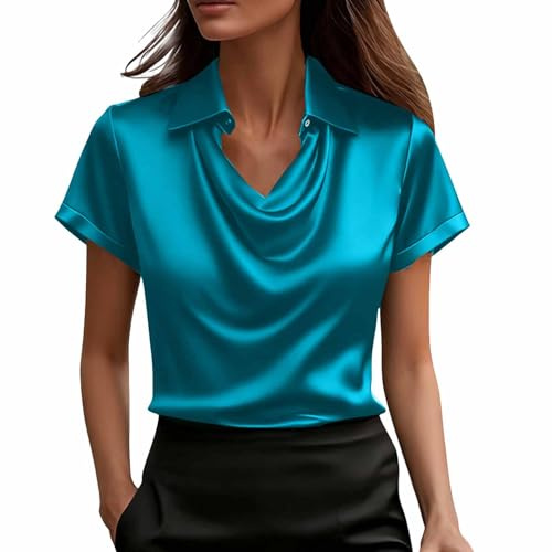 Ruziyoog Womens Cowl Neck Top Short Sleeve Satin Blouse Casual Elegant Work Shirt Summer Business Office Tee Shirts Sky Blue