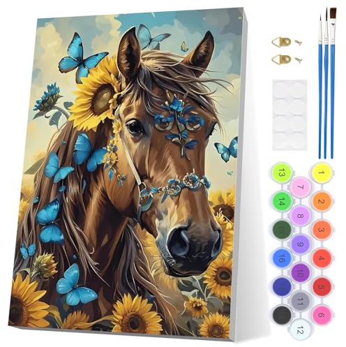 EOBROMD Caballo Pintar por Numeros Adultos, Mariposa Pintura por Numeros con Marco, Animal Kit de Pintura al óleo de Lienzo DIY para con Pinceles, Pigmento Acrílico, Decoración para el Hogar 20x30cm