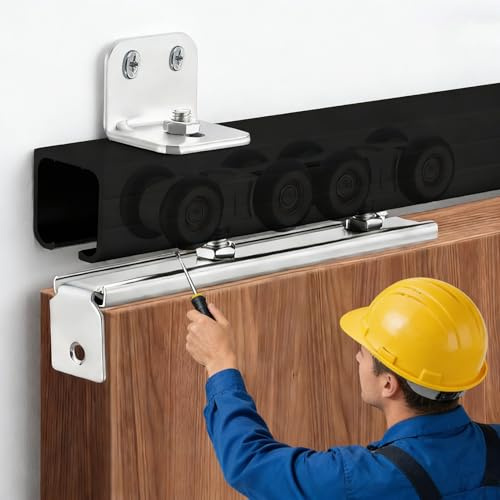 schiebetürbeschlag Aluminium-Schiebetürschiene Mit Wandhalterung, Geräuscharmer Ersatz für Schiebetüren, Geräuschloses Schiebetür-Set für Holztüren(Black,3.0m/9.8ft)
