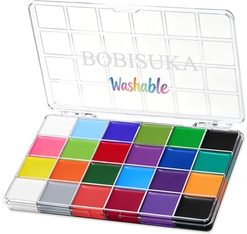 BOBISUKA 24 Colors Water Activated Face Body Paint Palette, Highly Pigmented Washable Face Painting Kit for Halloween Cosplay SFX Festival Party, Body Art Paints for Adults