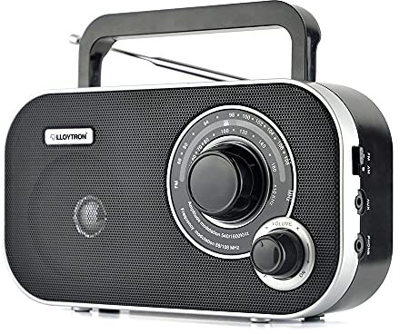 LLOYTRON Calypso 2 Band AC / DC Portable Radio with Integral Carry Handle - Telescopic Antenna - Auxiliary Input - Earphone Socket - Rotary Volume and Tuning Control - Mains or Battery Powered - N2405BK - Black