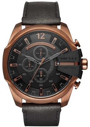 Diesel Mega Chief Series Reloj para hombre, Movimiento cronógrafo con correa de piel, Negro y marrón, 51 mm