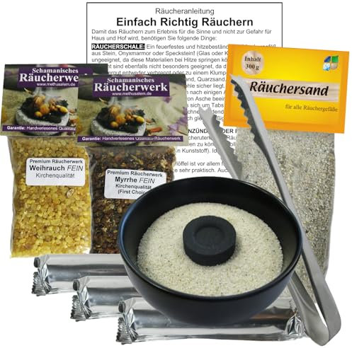 Räuchern Zubehör STARTERSET 9-TLG mit Weihrauch & Myrrhe Räucherwerk für Hausreinigung & Rauhnächte. Räucherzange + Räucherschale + 30x Räucherkohle + ZUBEHÖR + Anleitung. 81116-7S