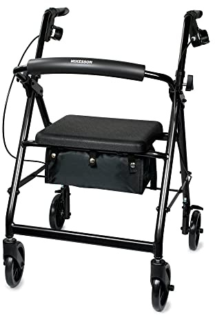 McKesson Rollator Walker with Seat and Wheels, Lightweight, Aluminum, 300 lbs Weight Capacity, Black, 1 Count