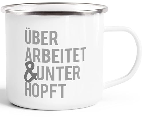 MoonWorks® Emaille-Tasse Becher mit Spruch überarbeitet und unterhopft Motiv lustig Weiss-metall Emailletasse
