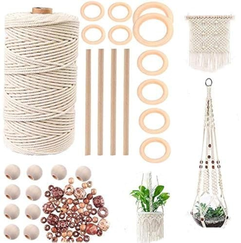TOKERD 100m Makramee Garn mit Natürliche Baumwollgarn 3mm, Holzstäbchen, Holzringe und Holzperlen, Makramee Baumwolle Kordel für Wandbehang Hängepflanze DIY Dekoration Weben
