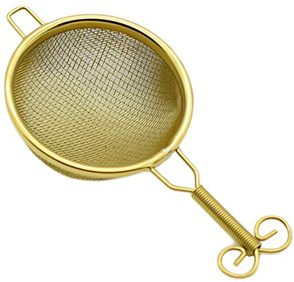 UPTALY 18/10 Edelstahl Teesieb(Gold, Kleiner Filterkorb Kurzer Griff), mit Doppelgriffen, Filter Teeabfluss für Kung Fu Tee Set, Teefilter, Tea Infuser, Mehlsieb, Soßenabscheider, Teeei für Tasse