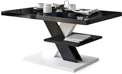 Viosimc Couchtisch Hochglanz Schwarz Weiß, Modern Wohnzimmertisch mit einem Regal. Beistelltisch mit schwarzer Hochglanz-Tischplatte, moderner schwarzer Mitteltisch Wohnzimmertisch (Schwarz - Weiß)