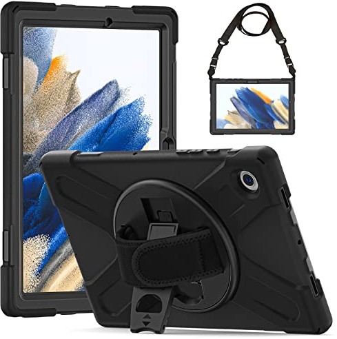 Gerutek Funda Anticaída para Samsung Galaxy Tab A8 10.5 2022 (SM-X200/X205/X207), Carcasa Rugosa con Soporte Giratorio, Correa de Mano/Hombro, Funda Antichoque para Galaxy Tab A8 10.5 2022, Negro