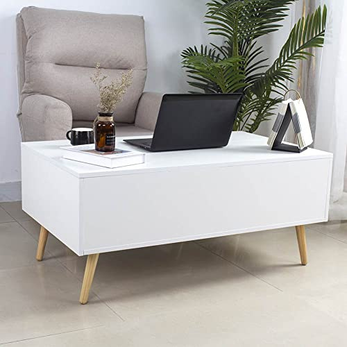 BAKAJI Tavolino Tavolo Soggiorno Salone con Rialzo Vano Contenitore Tavolo Salotto Moderno Apribile Bianco Piedini in Legno 100x60x45 cm