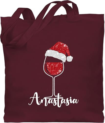 Baumwolltasche - Weihnachten Geschenke Christmas - Weinglas mit Weihnachtsmütze in Glitzeroptik und Name - Unisize - Bordeauxrot - personalisierte jutetasche weihnachts glitzer stoffbeutel