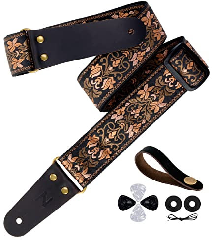 Nefelibata Gitarrengurt, 2 bestickte Gitarrengurte, Vollnarbenlederenden mit unsichtbarer Tasche, für Bass-, Elektro- und Akustikgitarren, kostenlose Schnalle, Gurtschloss und Plektren