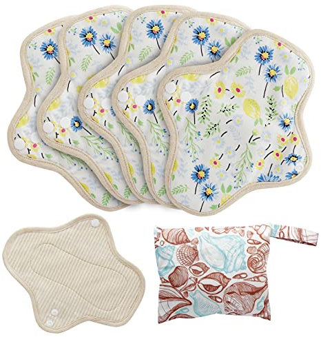 MQUPIN Toallas Sanitarias Reutilizables, 5pcs Lavable Almohadillas de Tela Toalla Sanitaria Algodon Organico, Compresas Algodon Almohadillas de Período Pantiprotectores Diseño Antifugas Mujeres