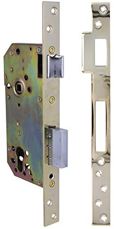Amig - Serratura da incasso per porte in legno | Con palettone di chiusura | Frontale e supporto a bordo quadrato | Entrata 50 mm | Serratura reversibile | Acciaio | Dorato | 270 mm