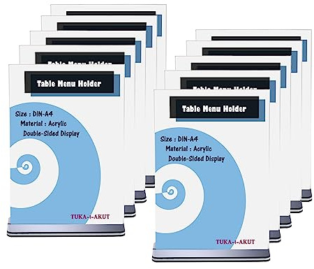 TUKA 10x A4 Menu Soporte Doble Cara, Forma de T con Base, Soportes de Sobremesa para Carteles, Menús, Promociones, Porta Carteles. T Expositor de Mesa, Acrílico Transparente, Vertical TKD8205-A4-10x