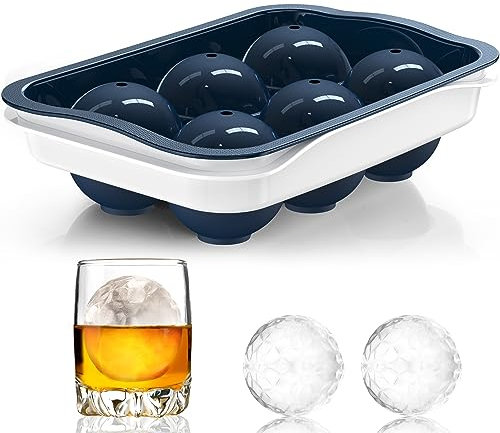 ICEXXP Round Ice Cube Mold with Lid - 2.2 Inch Sphere Ice Ball Maker, Large Whiskey Ice Cubes Mold with Easy Release, Reusable Silicone & Plastic Tray for Bourbon, Scotch, Brandy, Cocktails, Gift