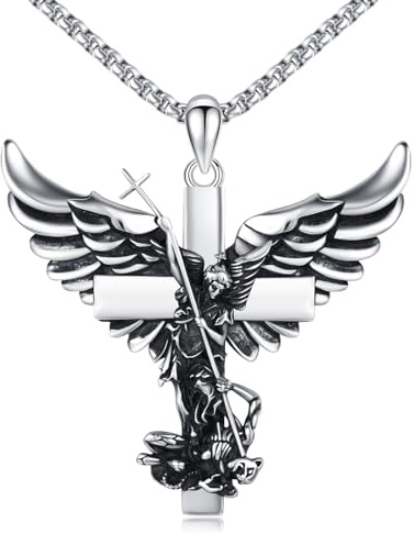 TwoAnts St Michael Necklace 925 Sterling Silver Archangel Michael Pendant Angel Wings Cross Necklace Protection Catholic Religious Jewelry Gift for Men Women
