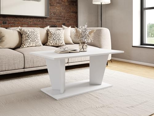 Sellon24® Couchtisch Kaffeetisch 100x60x55 Weiß Matt - modern, rechteckig, hoch - Sofatisch Beistelltisch für Wohnzimmer, ABS Kante, Viola II (Weiß)