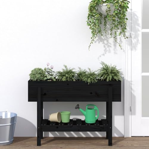 LAPOOH Hochbeet Schwarz 101x30x69 cm Massivholz Kiefer, Palettenrahmen, Hochteich, Gemüsebeet, Kräuterregal Balkon, Blumenbeet, Kräuterspirale, Tomatenbeet, Pflanzhochbeet - 825244