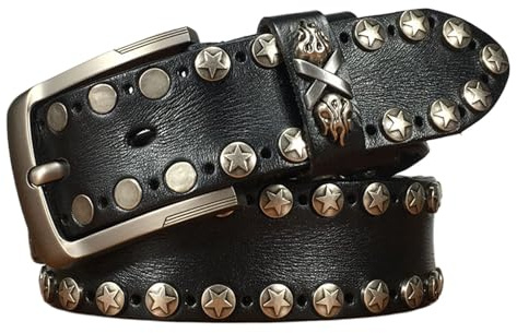 JIARY Ledergürtel Herren, Herren-Gürtel Nietengürtel Punk Lässiger Verstellbarer Western Motorrad Echtledergürtel Vintage mit Dornschließegürtel aus Legierung,Schwarz,105CM/41.3''