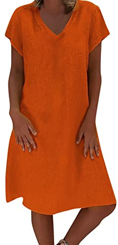 DeaAmyGline Leinenkleid Damen Sommer Sommerkleid Leicht und Luftig T Shirt Kleid Knielang Blusenkleid V Ausschnitt Casual Lose Tunika Midikleid Freizeitkleid Baumwolle Leinen Kleider