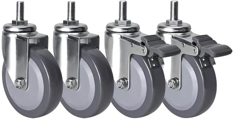 ESOYAWE Leise Polyurethan Rollen M12×25mm Gewinde Vorbau Lenkrolle 4 Stück, Ø 63mm 75mm 100mm Industrie Transportrollen Mit Bremse, Ersatz Rollen Für Trolleys Möbel Werkbank, Tragfähigkeit 210KG