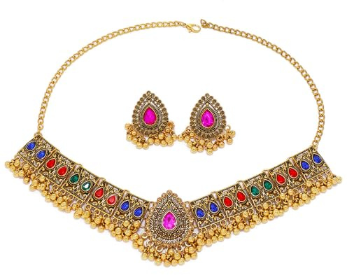 Juego de joyas bohemia tradicional para boda india, plata envejecada, fiesta étnica, graduación, collar, aretes, gargantilla con borlas, cristal punk, regalo de moda