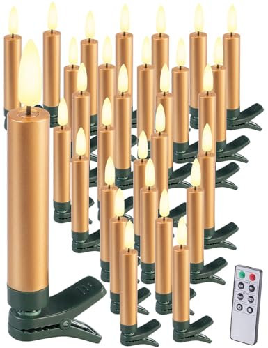 Lunartec LED-Weihnachtsbaum-Kerze: 30er-Set LED-Weihnachtsbaumkerzen mit Dochten und Flammen-Effekt, Gold (Weihnachtsbaumbeleuchtung, Christbaumkerzen kabellos, Weihnachten)
