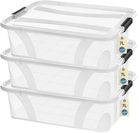 Aufbewahrungsboxen mit Deckel, 7L 14L 21L 32L 55L 80L Plastik Boxen Klickverschluss Stapelboxen 1er/3er Sets, BPA-frei, Transparent - Küche & Haushalt & Block (3er-Set 7-Liter & 1x HLKauf-Block)