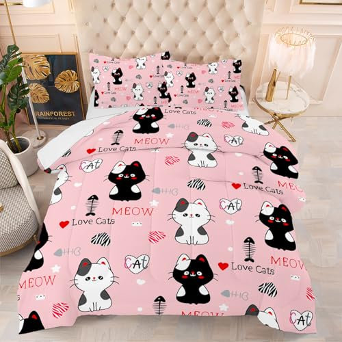 Bettdecke 140X200 Rosa Katze Bettdecken 200Gsm,Dünne Und Leichte Duvet,4 Jahreszeiten Bettdecken,Weiche Mikrofaser Bettdecke Mit 2 Kissenbezüge,Warm Steppbettdecke Für Allergiker