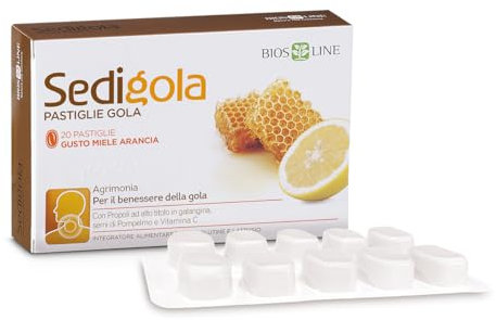 BIOS LINE Sedigola 20 Pastiglie Gusto Miele e Arancia, Integratore Alimentare per il Benessere della Gola, con Propoli ad Alto Titolo in Galangina e Semi di Pompelmo e Vitamina C