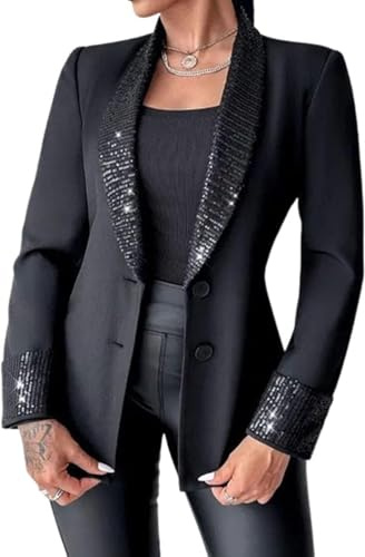 Goolecrimp Blazer da Donna Primaverile con Paillettes da Ufficio Casual a Maniche Lunghe Lucido con Paillettes Elegante Tinta Unita Piccolo Giacca (Nero,S)