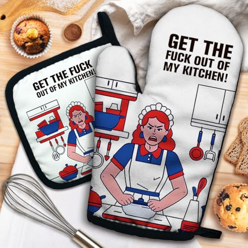 ZHANTUONE Get The FXXK Out of My Kitchen Funny Heat Resistant Oven Mitts and Pot Holders Set with Silicone Non-Slip, Housewife Cooking Baking Gadgets, Birthday Gifts for Mom Wife Girlfriend Grandma