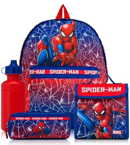 Marvel Spiderman sac à dos 4 pièces avec déjeuner, trousse à crayons et bouteille d'eau | Sac garçon rembourré – Fournitures scolaires, bleu