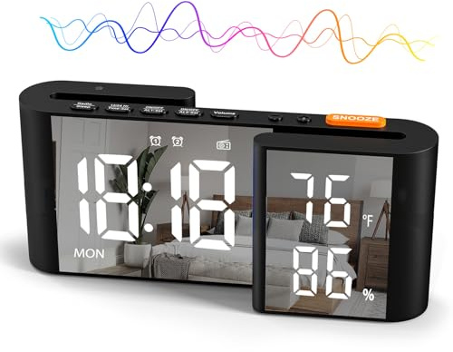 PCXWTLN S-Shaped Digital Alarm Clock, 6-Inch Digital LED Clock with Double Screen, USB Rechargeable Bedside Clocks with FM Radio and Temperature & Humidity Display for Bedroom Desk Home Office