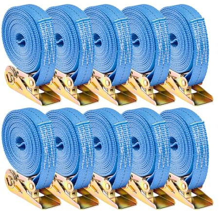 LN COZY CORNER 10 Pack Heavy Duty Ratchet Tie Down Straps 6M x 25mm 800KG Break Strength Adjustable Tensioning Belts for Motorcycles Trailers Trucks Cargo Roof Racks (Blue)