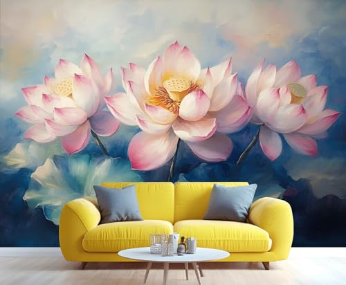 YXQAIED Pink Lotus 3D-Panorama-Tapete, individuelles Wandbild, Lotusblätter im Teich, Retro-Blumen-Tapeten, Wandbild, Poster, Dekoration für Schlafzimmer, Wohnzimmer, Flur, 350 x 256 cm