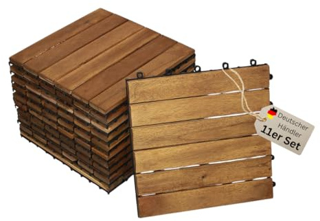 trelevo Holzfliese 01, Akazienholz geölt, 11 Fliesen für 1m², 30x30 cm, Bodenbelag mit Drainage, Balkonfliesen/Terassenfliesen/Klickfliesen