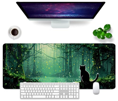 Large Gaming Mouse Mat Cat XL Desk Mat Green 31.5x11.8x0.12 inch Desk Pad Keyboard Mouse Pad (Cat and Forest)