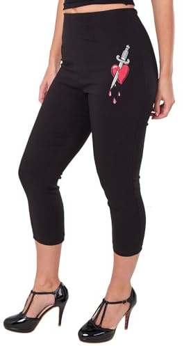 Ro Rox Ella Capri Pants for Women – Heart & Dagger Embroidery – 1950s Vintage High Waist Trousers – Three Quarter Retro Capris, Black, 3XL