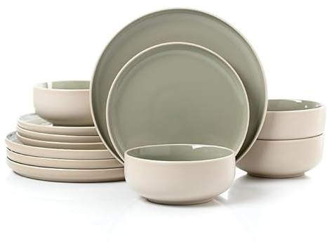 Green & Cream 2tone Stoneware Dinner Set - Matt/Shiny, 12 Pieces
