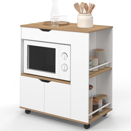 IDMarket - Mikrowellen-Küchenwagen COSI Schrank mit Schublade und Gewürzregal aus weißem Holz und Buchenholzplatten B.76 cm