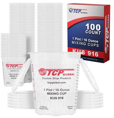 Custom Shop Paint Mixing Cups, 16-Ounce (Box of 100) - Plastic Measuring Cups for Liquids, Automotive Painting, Epoxy Resin, Acrylic Arts, Crafts, Disposable or Reusable, Graduated, Mixing Ratios