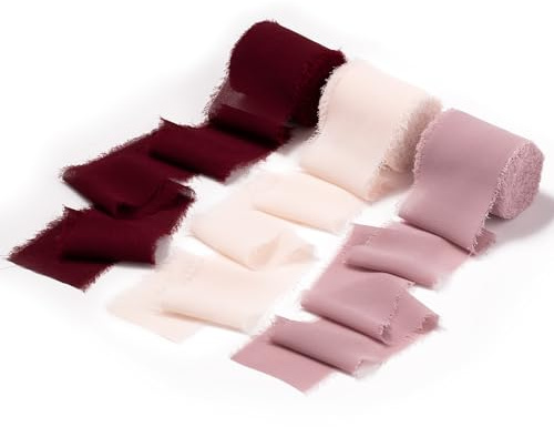 DORIS HOME 2 x21Yd Chiffon Ribbon for Flower Bouquet, Pink & Burgundy Fabric Ribbon for Gift Wrapping, Handmade Frayed Ribbon for Wedding, Chiffon Silk Ribbon for Christmas Decorations