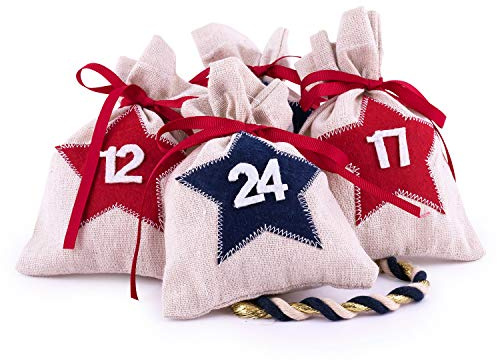 pajoma® Adventskalender zum Befüllen Star 24 Stoffbeutel | Jutesäckchen natur mit Zahlen & bunten Sternen – DIY Weihnachtskalender zum Selbstbefüllen mit Bändchen – Weihnachten Deko Set