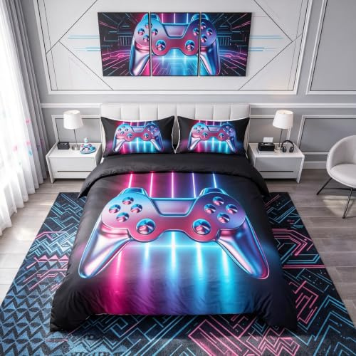Loussiesd Gamer Set di biancheria da letto per ragazzi e ragazzi,stile moderno,biancheria da letto e copripiumino in lino per bambine e ragazze,motivo sfumato con bottoni decorativi stampati.