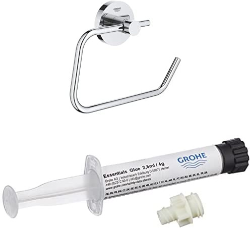 GROHE Essentials Kleber SET | Bad-Accessoires - WC-Papierhalter ohne Deckel (40689001, chrom) inkl. GROHE Essentials Kleber für Badaccessoires (40915000, 1x)