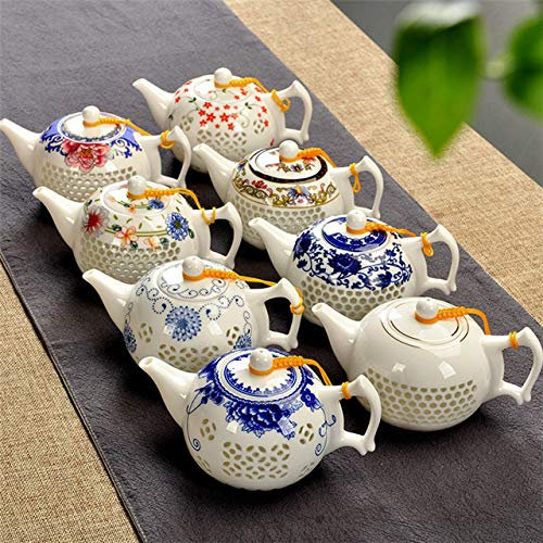 myQ Traditional Chinese Blue White Rice Pattern Porcelain Tea Pot 170ml Ancient China Ceramic Teapot Puer Kongfu Tea Set Samovar,8PCS Set
